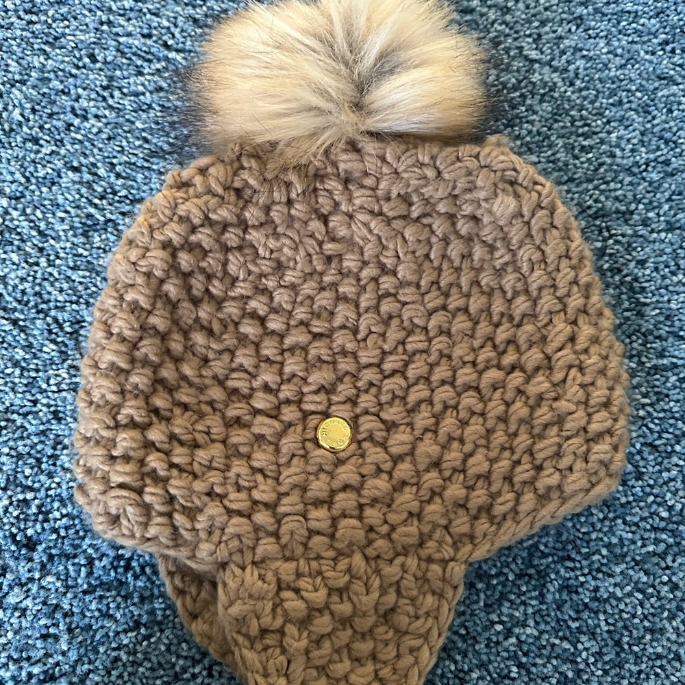 KORS Michael Kors Brown Knit Hat with Fur Pom
